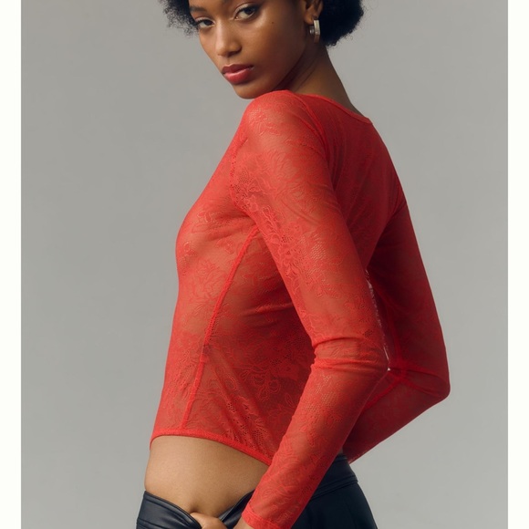 Anthropologie Harlowe Red Lace Bodysuit Deep Vee Thong Long Sleeve XL - Picture 4 of 7